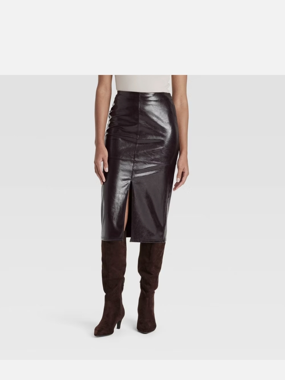 a new day Brown Faux Leather Midi Pencil Skirt with Front Slit